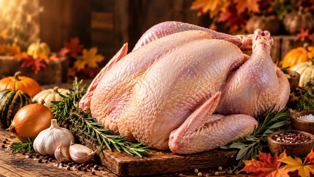 Whole halal turkey on a wooden board with pumpkins, garlic and autumn leaves